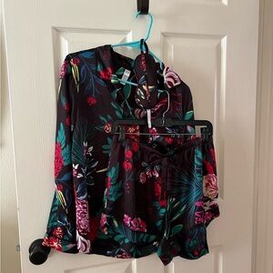 Floral Satin Pajama Set - Black